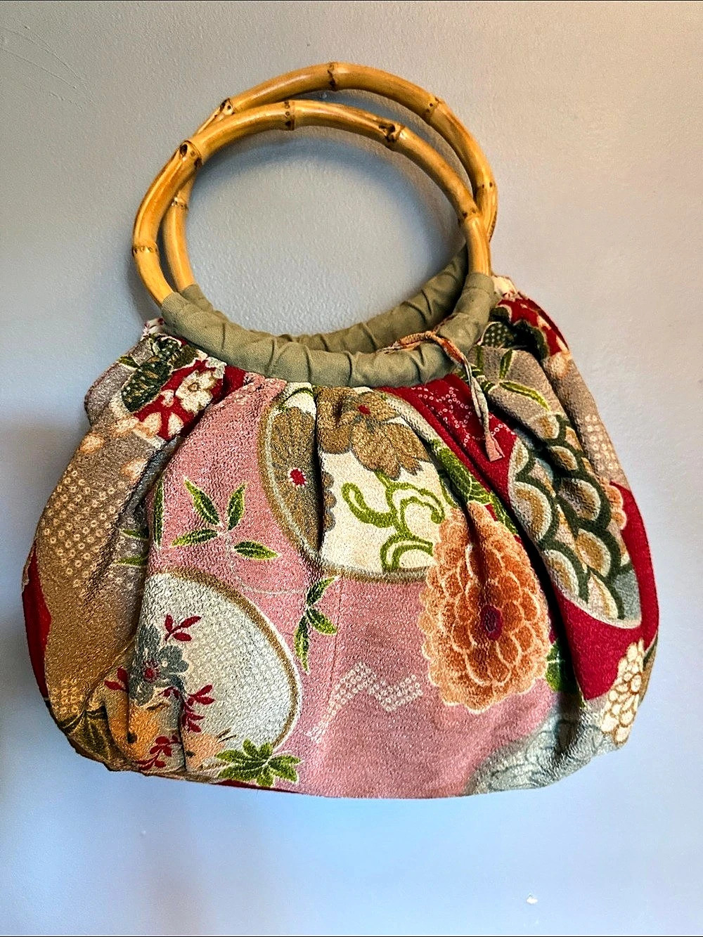 J. Jill Vintage Boho Patchwork Floral Hobo Bag Bamboo Handles
